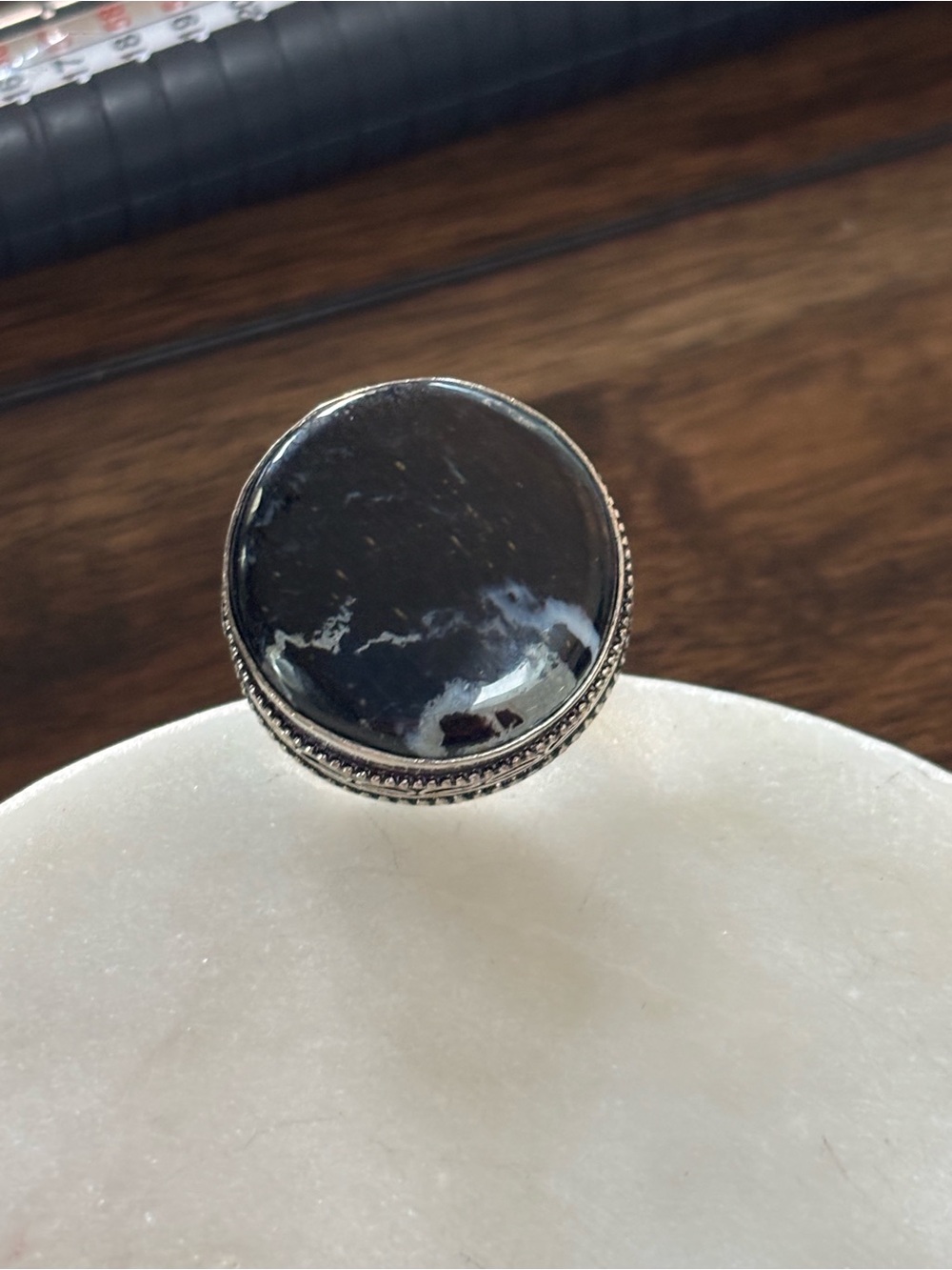 Sterling Silver Black Marble Round Statement Ring - Women Jewelry